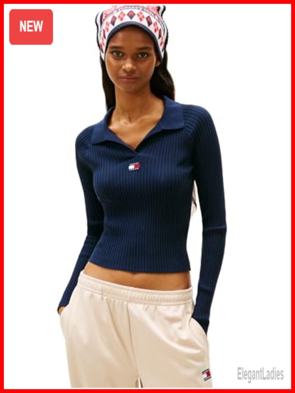 Long Sleeve Ribbed Polo Sweater Embroidered Flag Logo Slim Fit Women's